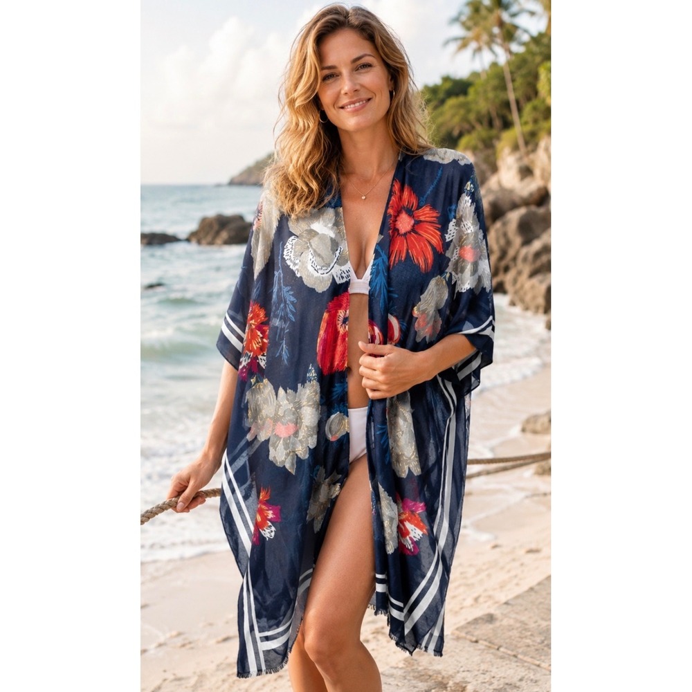 Woven Heart Navy Blue Red Floral Kimono Top Wrap Boho Coastal Beach OS